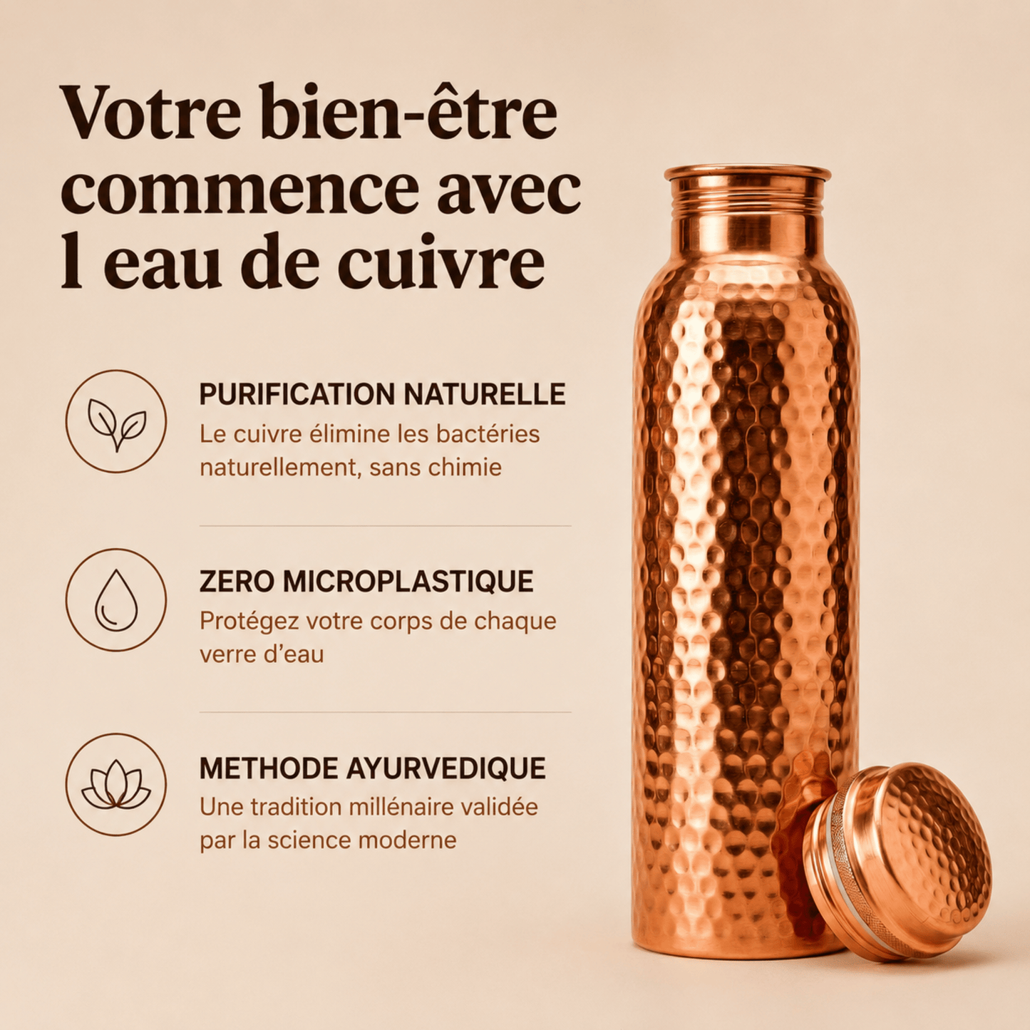 Gourde en Cuivre Pur 800 ml |Hydratez votre corps, nourrissez votre énergie.