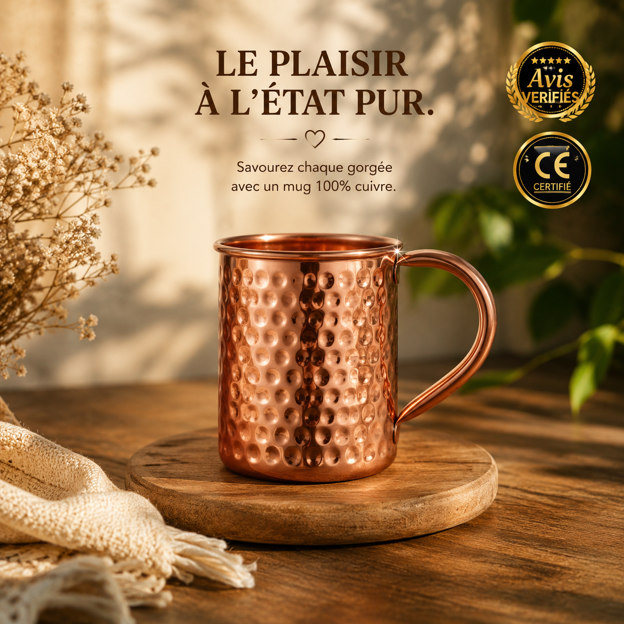 Mug en Cuivre Pur 99,9 % – Martelé à la Main
